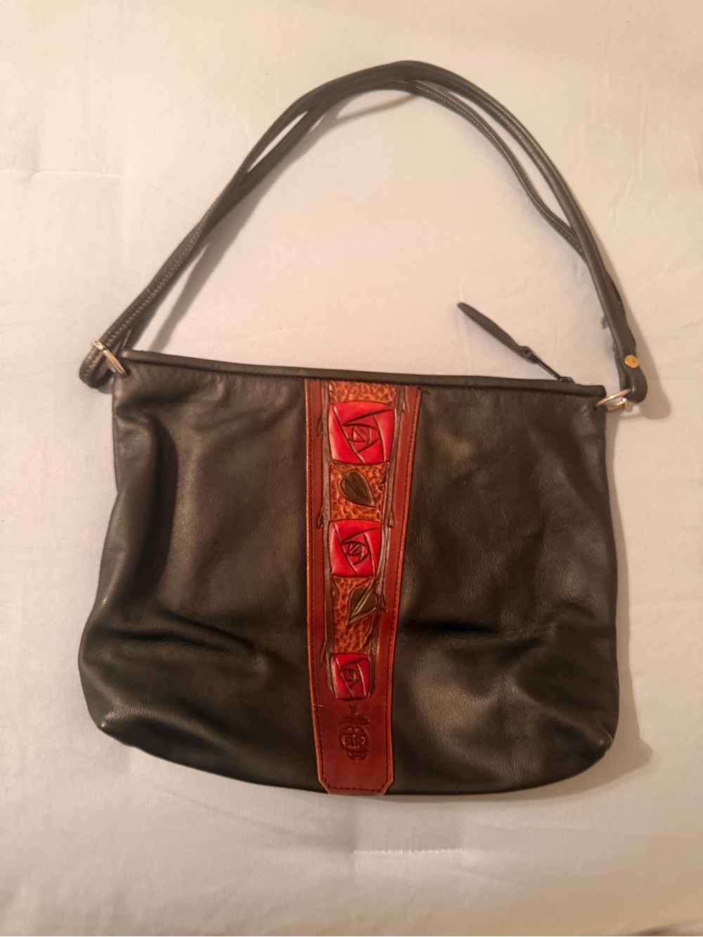 Vintage Roycroft Black Leather Shoulder Bag with Red Rose Leather Accent